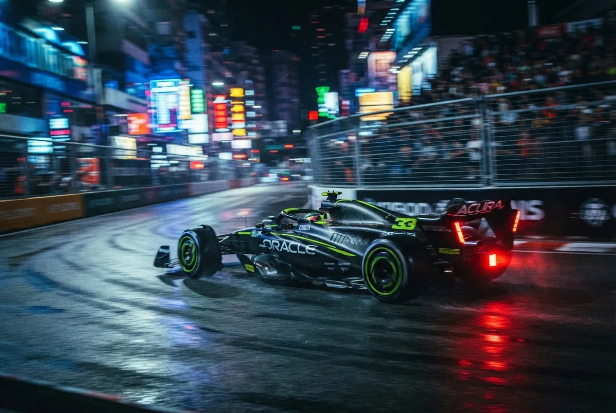 Open-wheel car at night
