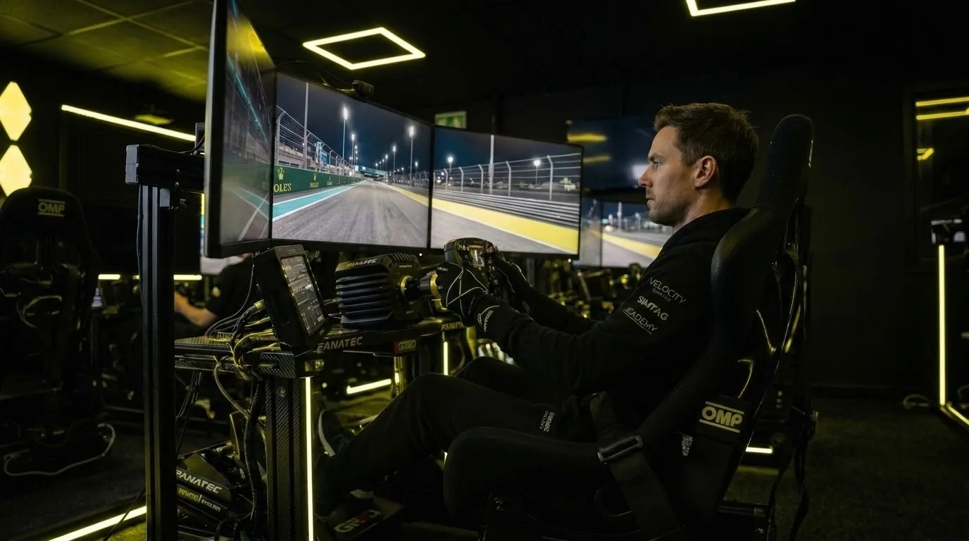 Driver in a triple-screen rig inside the Den
